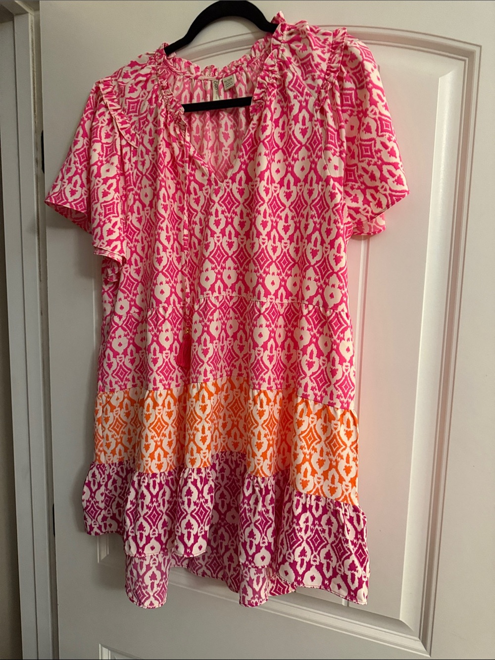 Cato pink and Orange Ikat Tiered Short Sleeve Tunic